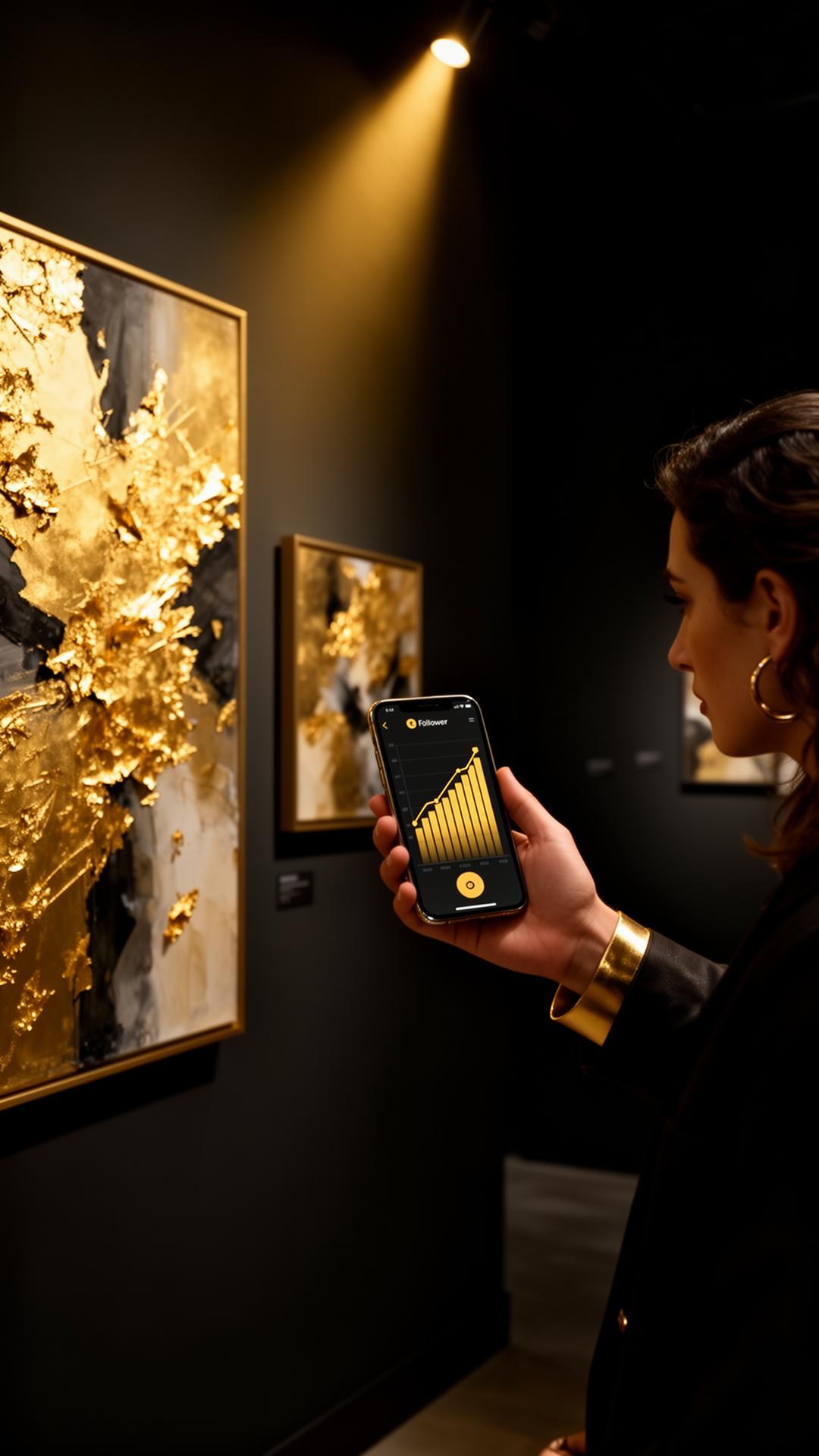 Artist viewing gold-leaf paintings in a gallery